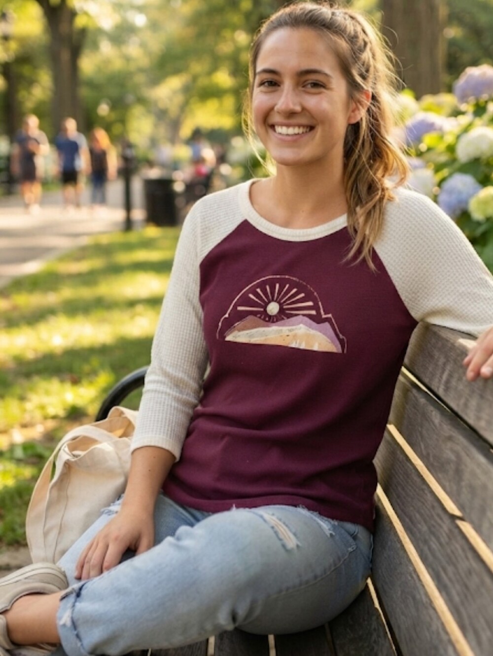 Sonoma Burgundy and Cream Raglan Mountain Graphic Long Sleeve Tee